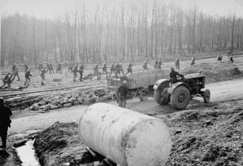 Buchenwald prisoners at forced labor doing road construction